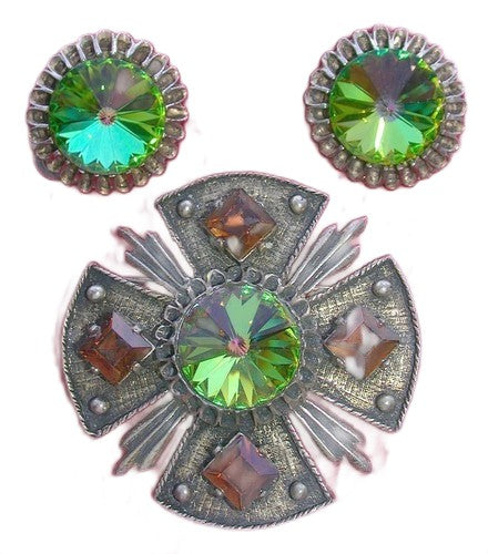 Dodds Doddz Peridot Rivoli Maltese Cross Figural Pin & Earrings