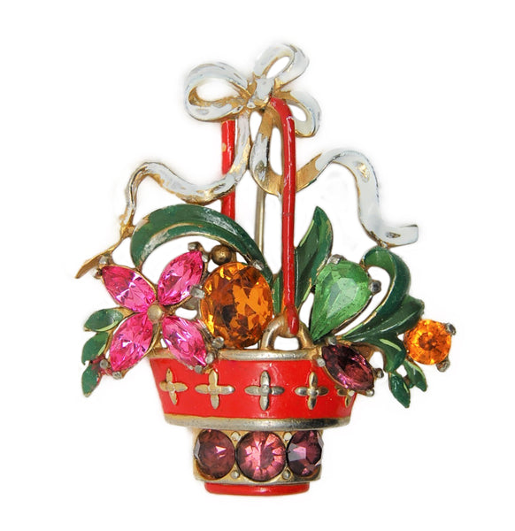 Floral Basket Ribbons Rhinestones Enamel Vintage Figural Pin Brooch
