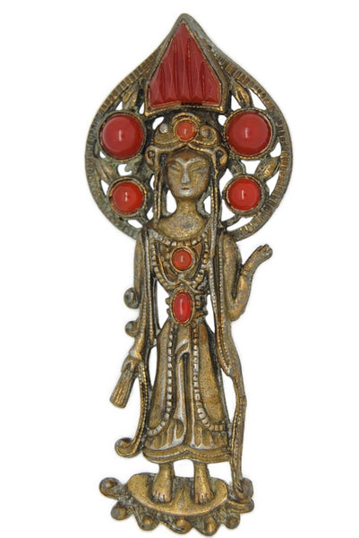 Carnelian Temple Goddess Vintage Figural Costume Pin Brooch