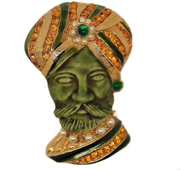HAR Sultan Maharaja King Enamel Golden Vintage Figural Brooch Pin 1950s