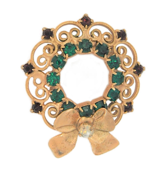 Hobe Filigree Bow Christmas Wreath Vintage Figural Costume Brooch