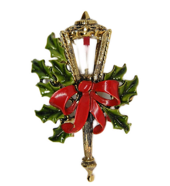 Hollycraft Christmas Holly Ribbon Lantern Vintage Figural Pin Brooch