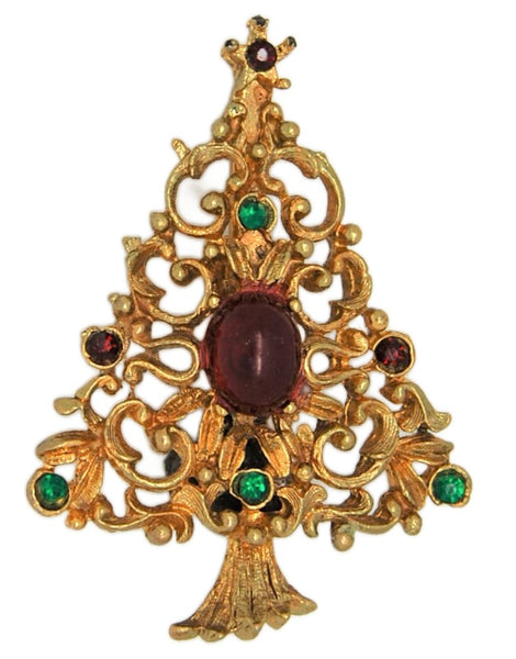 JJ Ruby Belly Filigree Christmas Tree Vintage Figural Costume Brooch