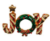 Joy Candy Cane Wreath Enamel Christmas Message Figural Pin Brooch - 1980s