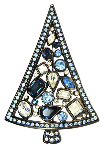 LIA Gunmetal Black Blue & Clear Rhinestones Figural Christmas Tree Brooch - Mint