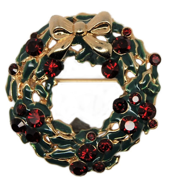 Claiborne Christmas Wreath Green Enamel Ruby Rhinestones Vintage Figural - 80's