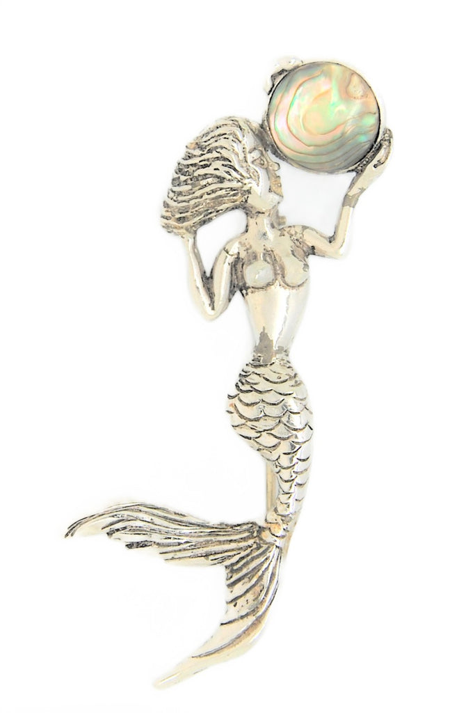 Cassini Cyvra Mother of Pearl Rhodium Mermaid Vintage Figural Costume Pin Brooch