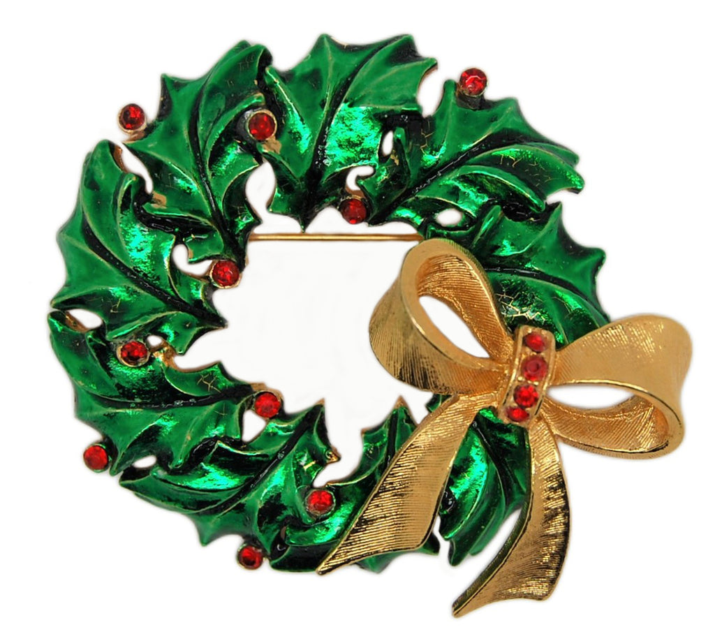 Mylu Christmas Holiday Holly Wreath Bow Figural Brooch - 1950s