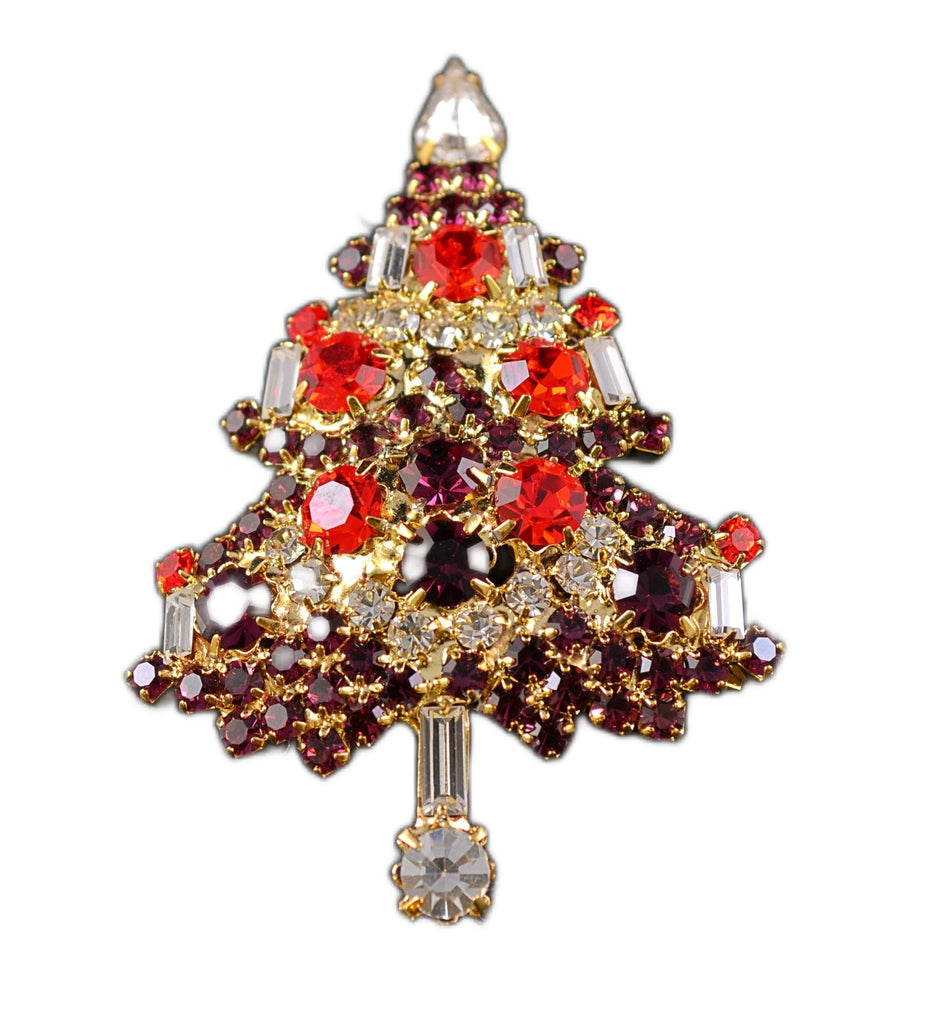 Christmas Purple Rhinestone Classic Tree Figural Pin Brooch 1990s