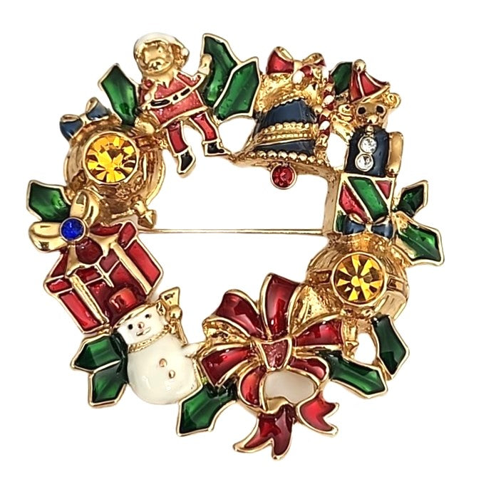 Radko Santa Snowman Christmas Wreath Vintage Figural Brooch