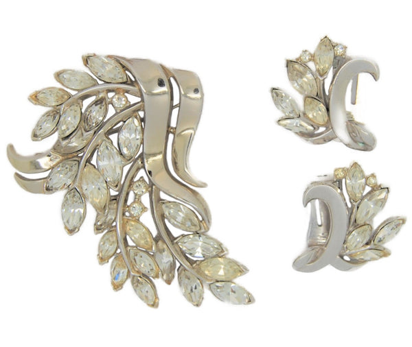 Trifari Rhodium Floral Cascade Icy Stones Brooch Vintage Matching Earrings Set