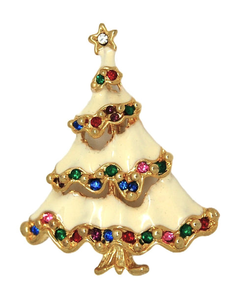 Christmas Cream White Flow Enamel Garland Tree Vintage Figural Brooch