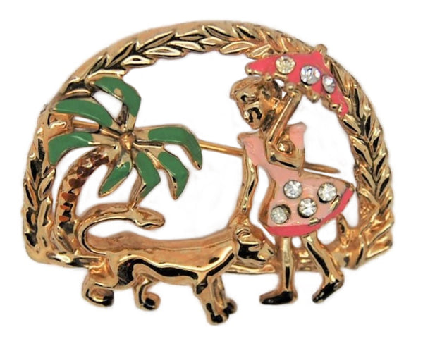 Coro Girl in Pink Walking Lion or Panther Vintage Brooch - RARE