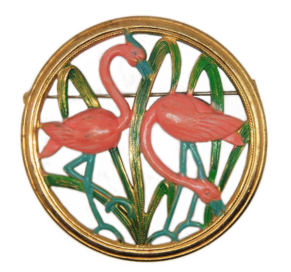 Coro Flamingo Pink in Reeds Circle Vintage Figural Pin Brooch