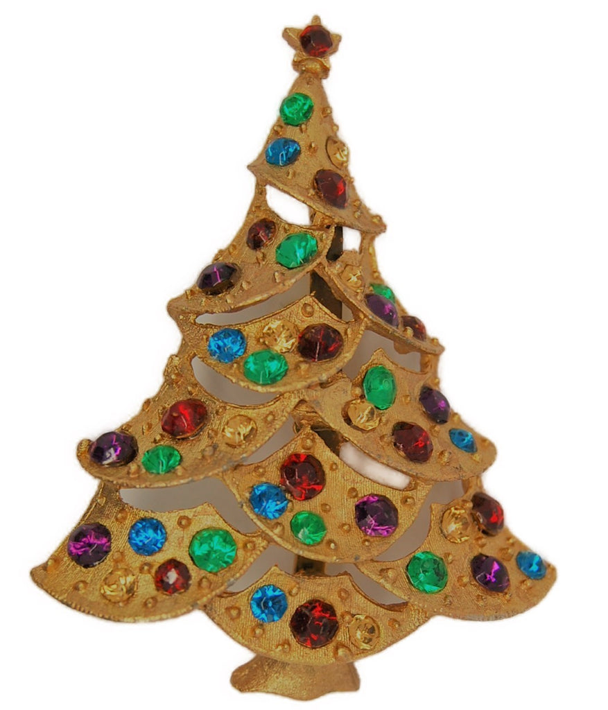 Classic Christmas Tree Rhinestone Ornaments Figural Brooch - dates 1960s