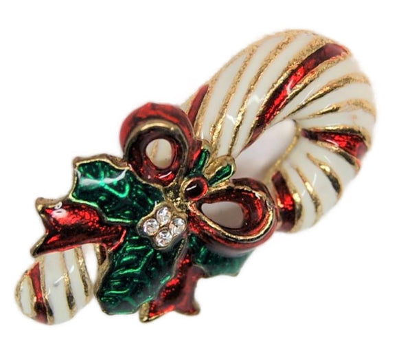 Christmas Candy Cane Enamel Holly Vintage Figural Pin Brooch