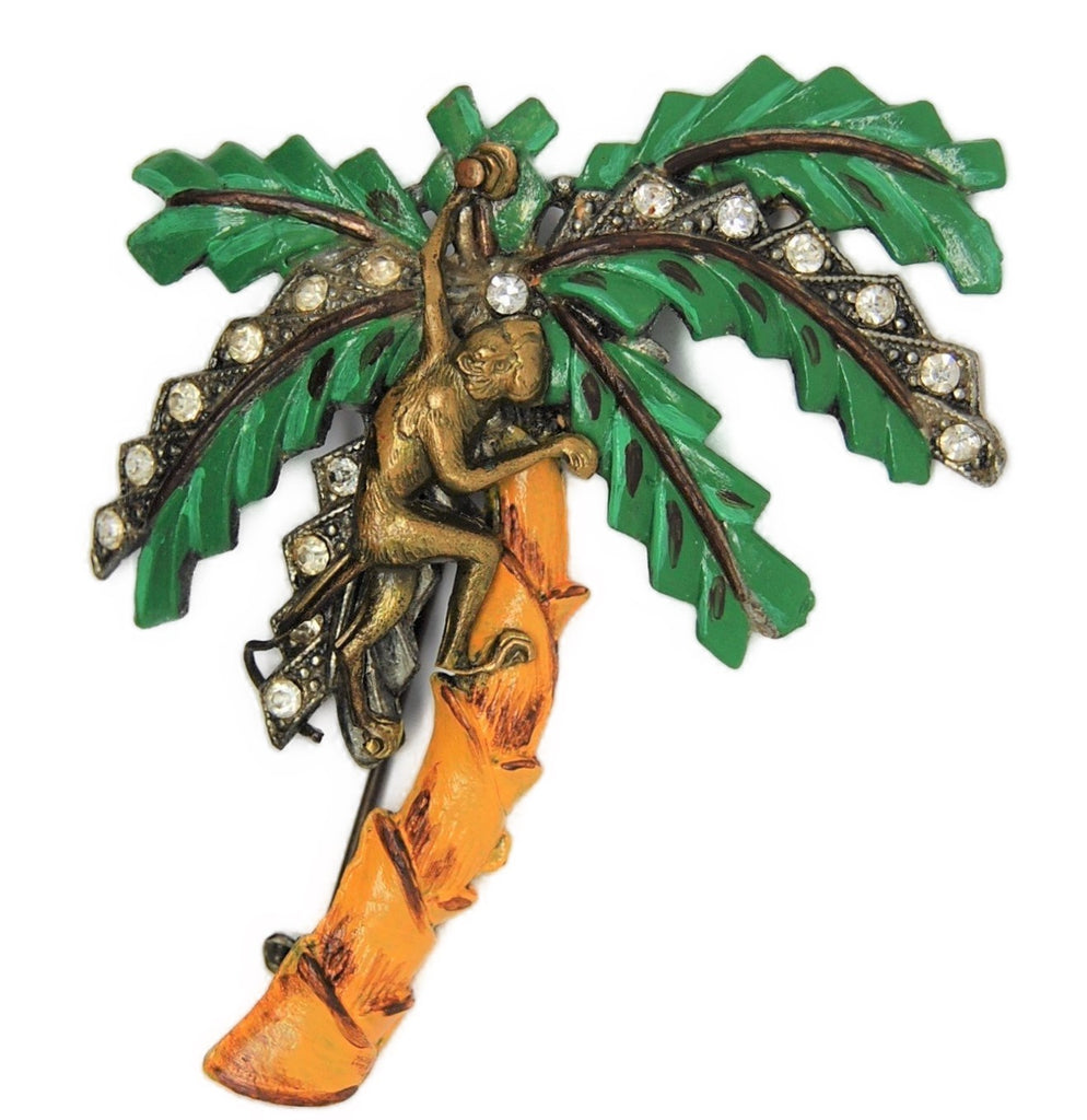 Bauman Massa Monkey Palm Tree Enamel Figural Brooch - 1940s