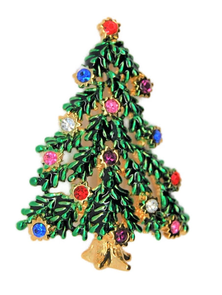 Christmas Tree Green Enamel Branch Needles Rhinestones Figural Brooch - 1990s