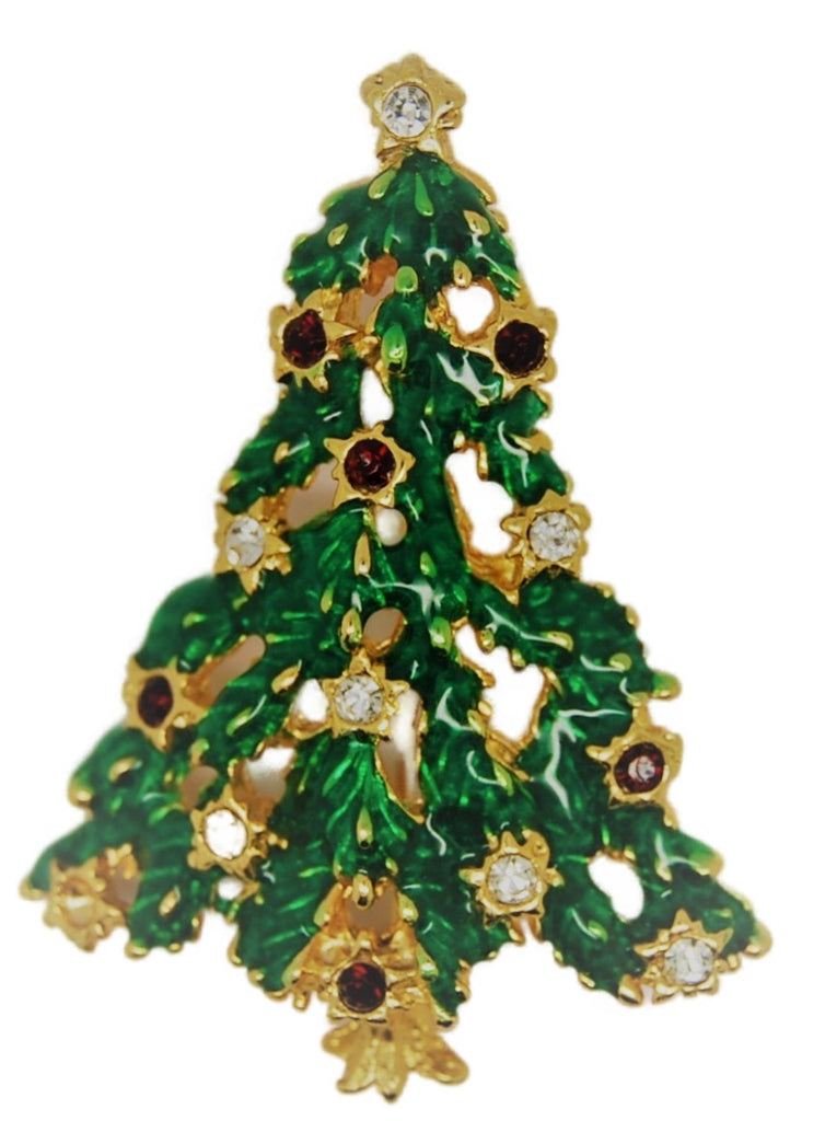 Christmas Tree Green Enamel Rhinestones 1970s Figural Brooch