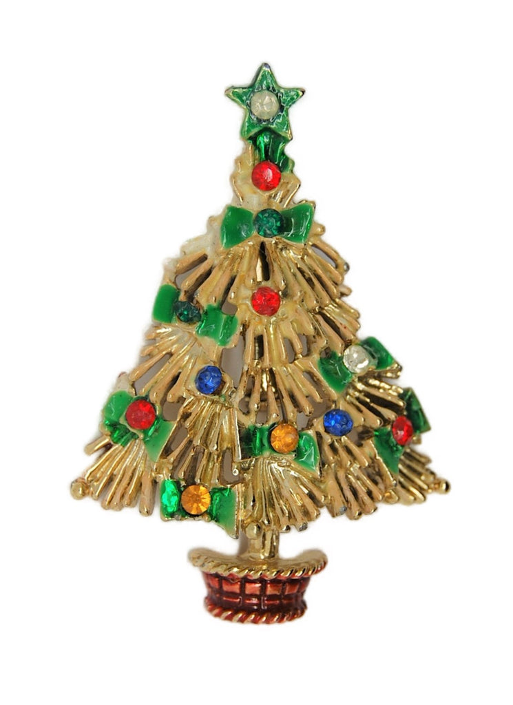 Christmas Bow Flocked & Rhinestone Ornaments Tree Vintage Figural Pin Brooch