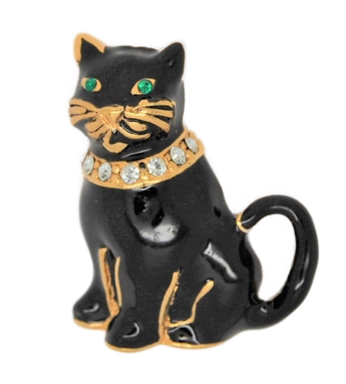 Monet Flow Enamel Gold Plate Black Cat Vintage Costume Figural Pin Brooch