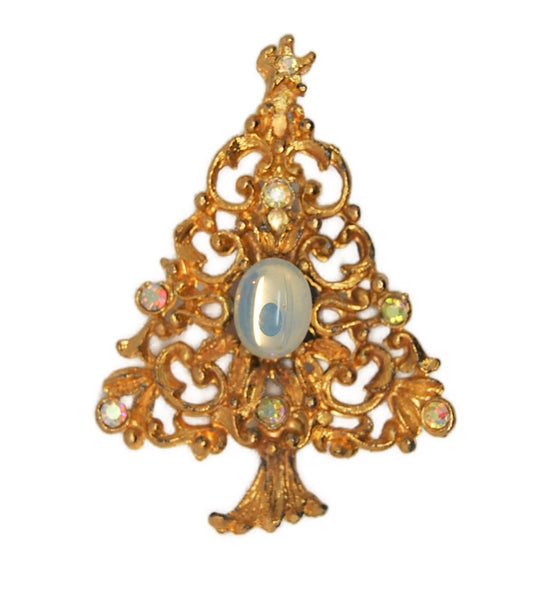 Christmas Tree Opal Belly AB Holiday Vintage Figural Brooch - mid-80s
