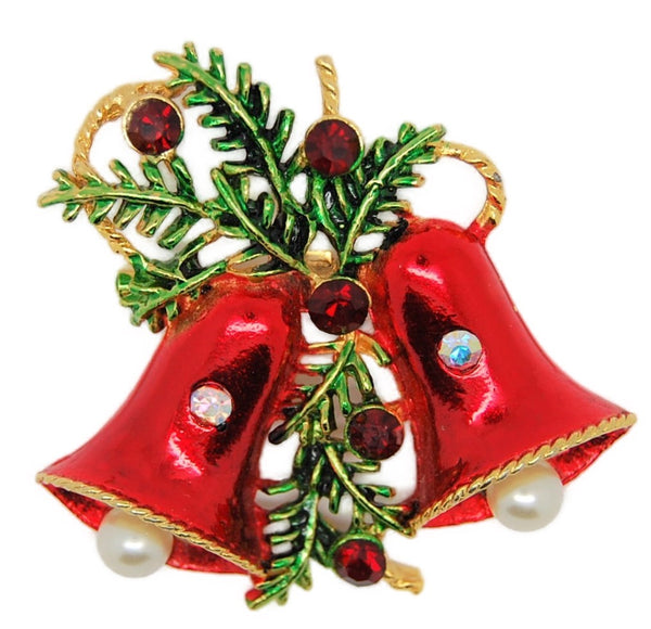 Christmas Bells Pine Boughs Rhinestones Enamel Figural Pin Brooch