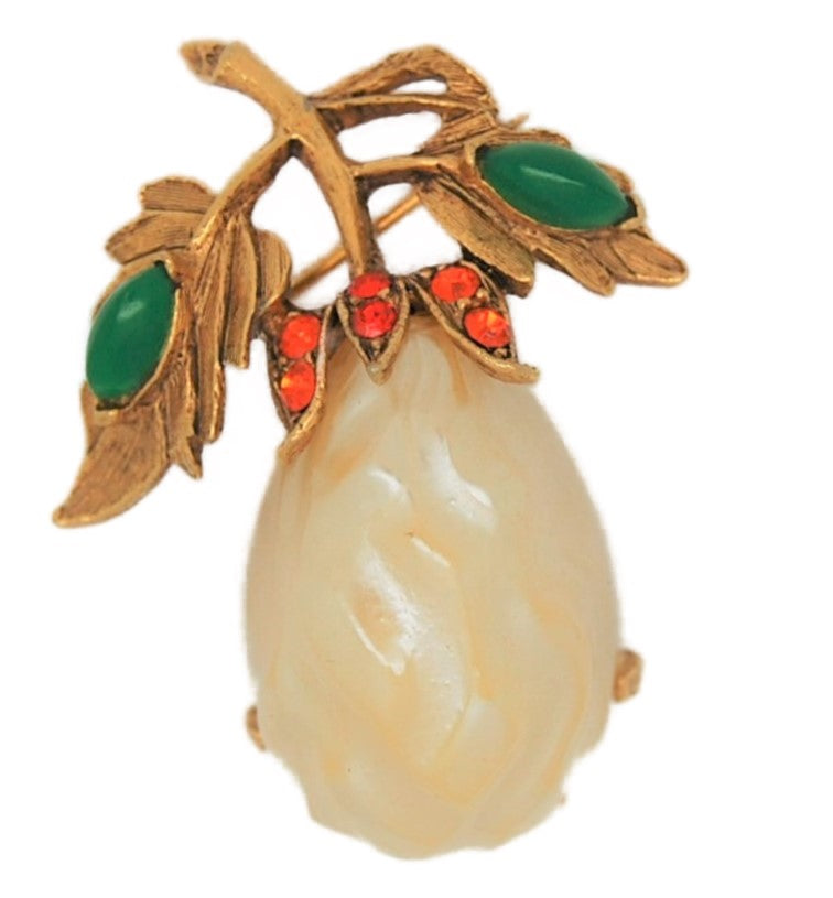 Florenza Pear Pearl Fruit Vintage Costume Figural Pin Brooch