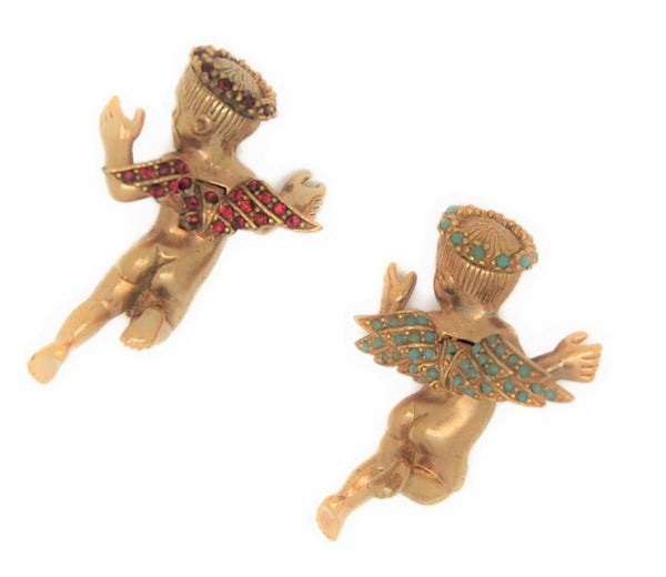 Ciner Flying Angels Ruby & Turquoise Vintage Figural Brooch Set