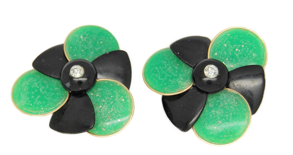 Western Germany Jade & Black Celluloid Pinwheel Vintage Earrings