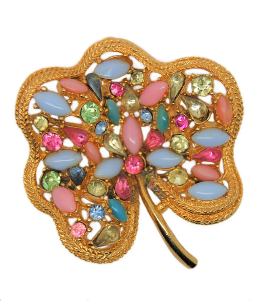 ART Pastel Floral Moonstone Rhinestone Leaf Vintage Figural Pin Brooch