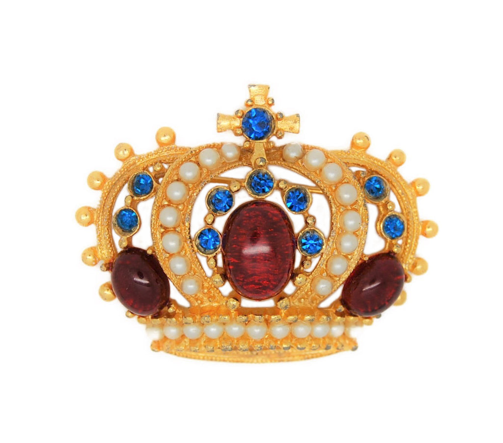 Rafaelian Royal Crown Pearls Rhinestones Vintage Figural Brooch
