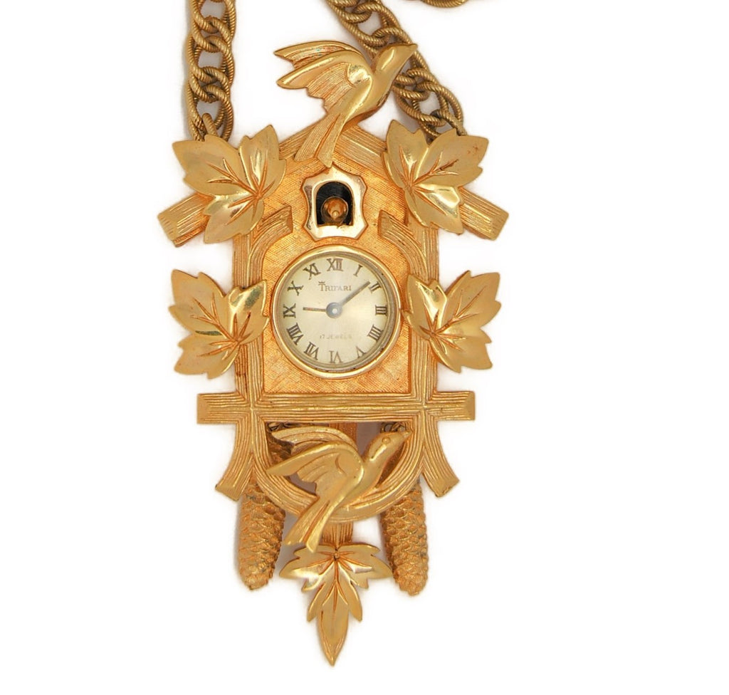 Trifari Gold Tone Cuckoo Clock Vintage Figural Necklace 1960 Working