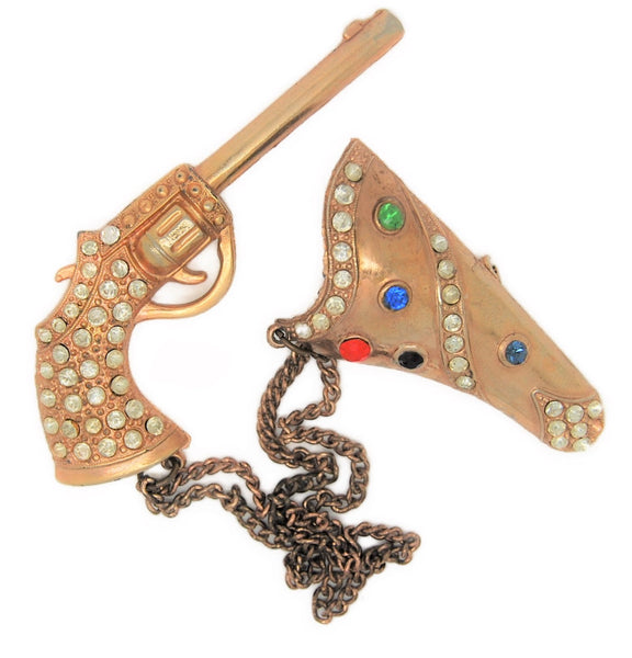 Block Revolver & Holster Chatelaine Vintage Figural Brooch Set