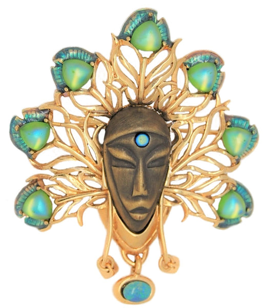 Ethnic Mask Peacock Feather Headress Dangling Vintage Figural Pin Brooch