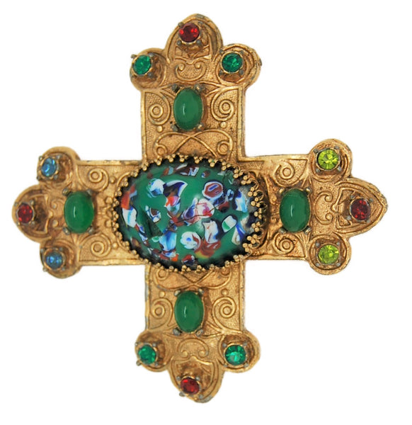 Accessocraft Art Glass Jeweled Maltese Cross Vintage Figural Costume Brooch