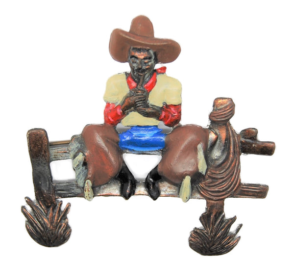 Art Deco Cowboy on Fence Vintage Figural Pin Brooch