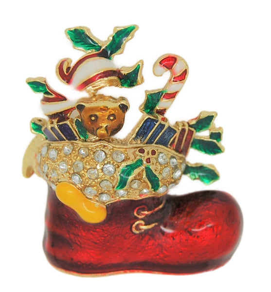 Christmas Santa Boot Candy Cane Holly Vintage Figural Brooch