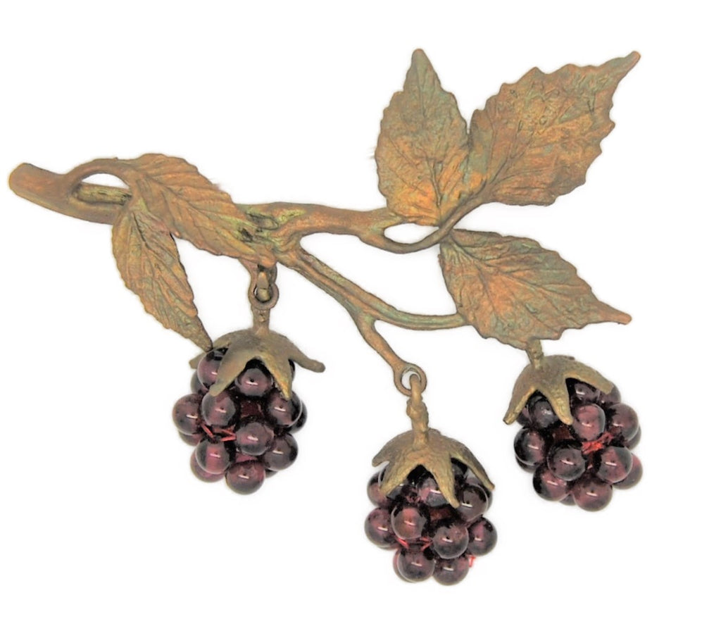 Michael Michaud Glass Bead Grapes Bronze Leaf Vintage Figural Brooch