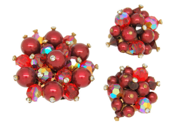 Christmas Iridescent Ruby Pearl & AB Beads Vintage Brooch & Earring Set