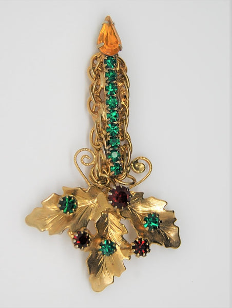 Hobe Filigree Holly Christmas Candle Vintage Figural Pin Brooch