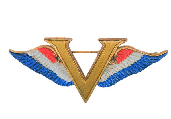 American Patriotic V Winged Victory Red White Blue WW2 Vintage Figural Brooch