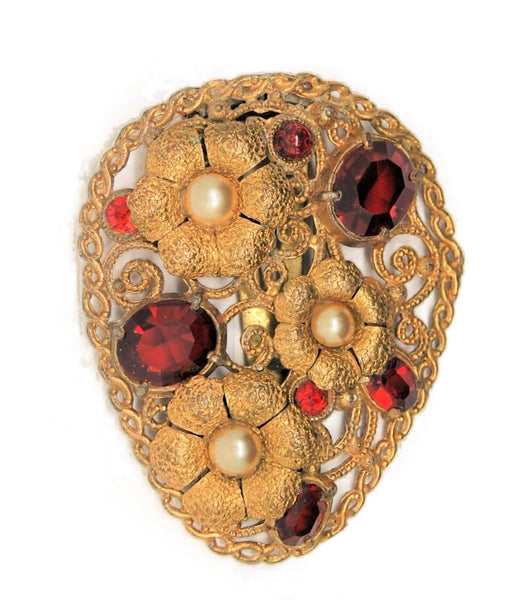 Art Deco Floral Dress Clip Gold Tone Ruby Stones Vintage Figural Pin Brooch