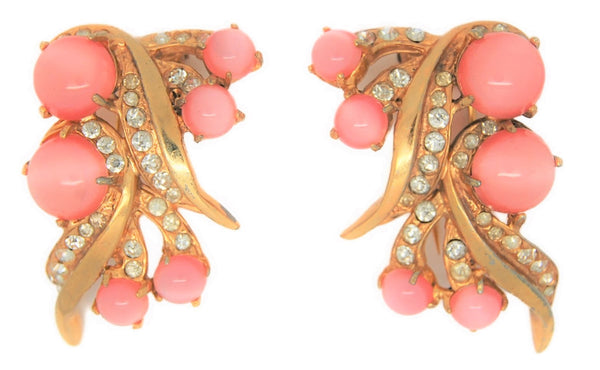 Coro Baby Pink Moonstone Fur Clips Vintage Figural Brooch Set