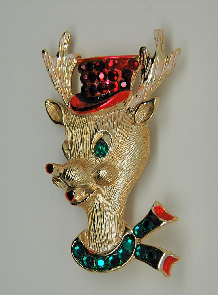 Weiss Christmas Rudolph Top Hat Reindeer Figural Vintage Brooch