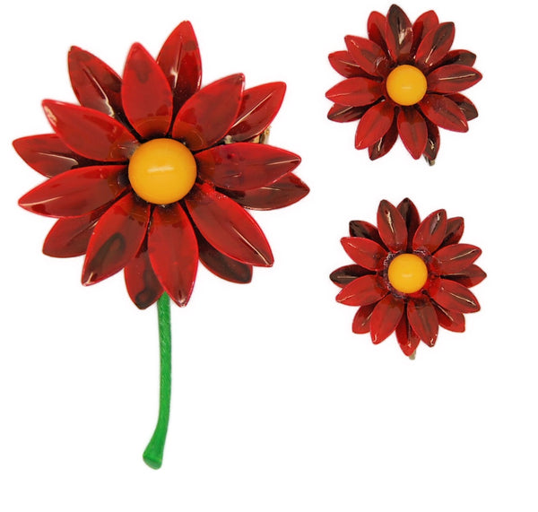 Flower Power Scarlet Red Floral Vintage Figural Brooch & Earring Set