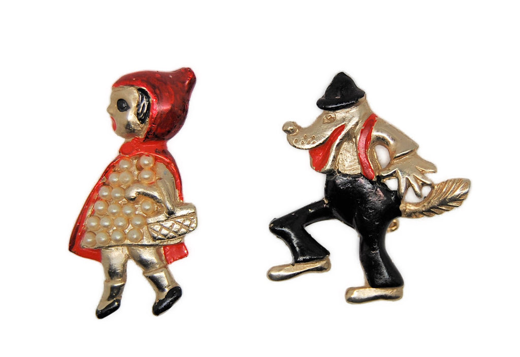 Coro Big Bad Wolf & Little Red Riding Hood Nursery Rhyme Smalls Figural Brooches