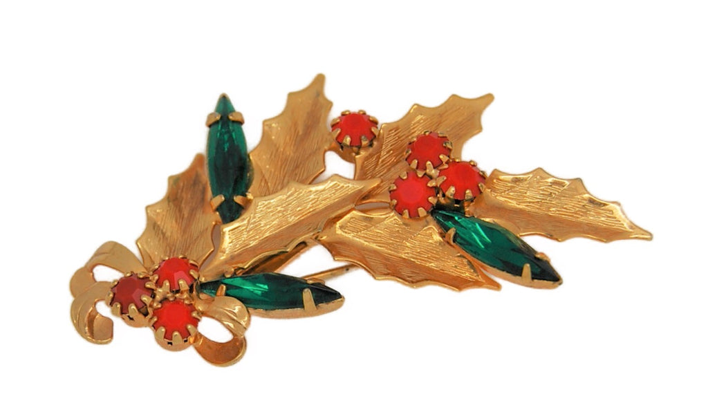 Holiday Holly Berries Green Navette Vintage Figural Pin Brooch