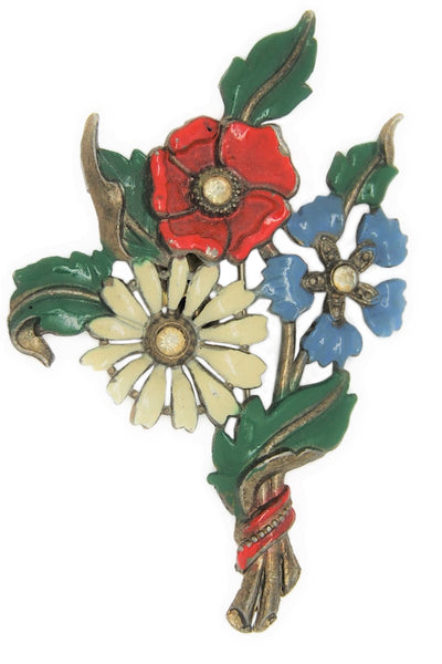 Art Deco Flower Triple Blossom Patriotic Sweetheart Perfume Canister Pin Brooch