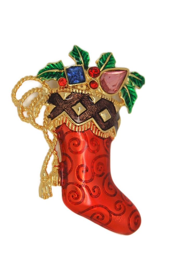 Radko Christmas Holiday Enamel Stocking Boot Vintage Figural Brooch